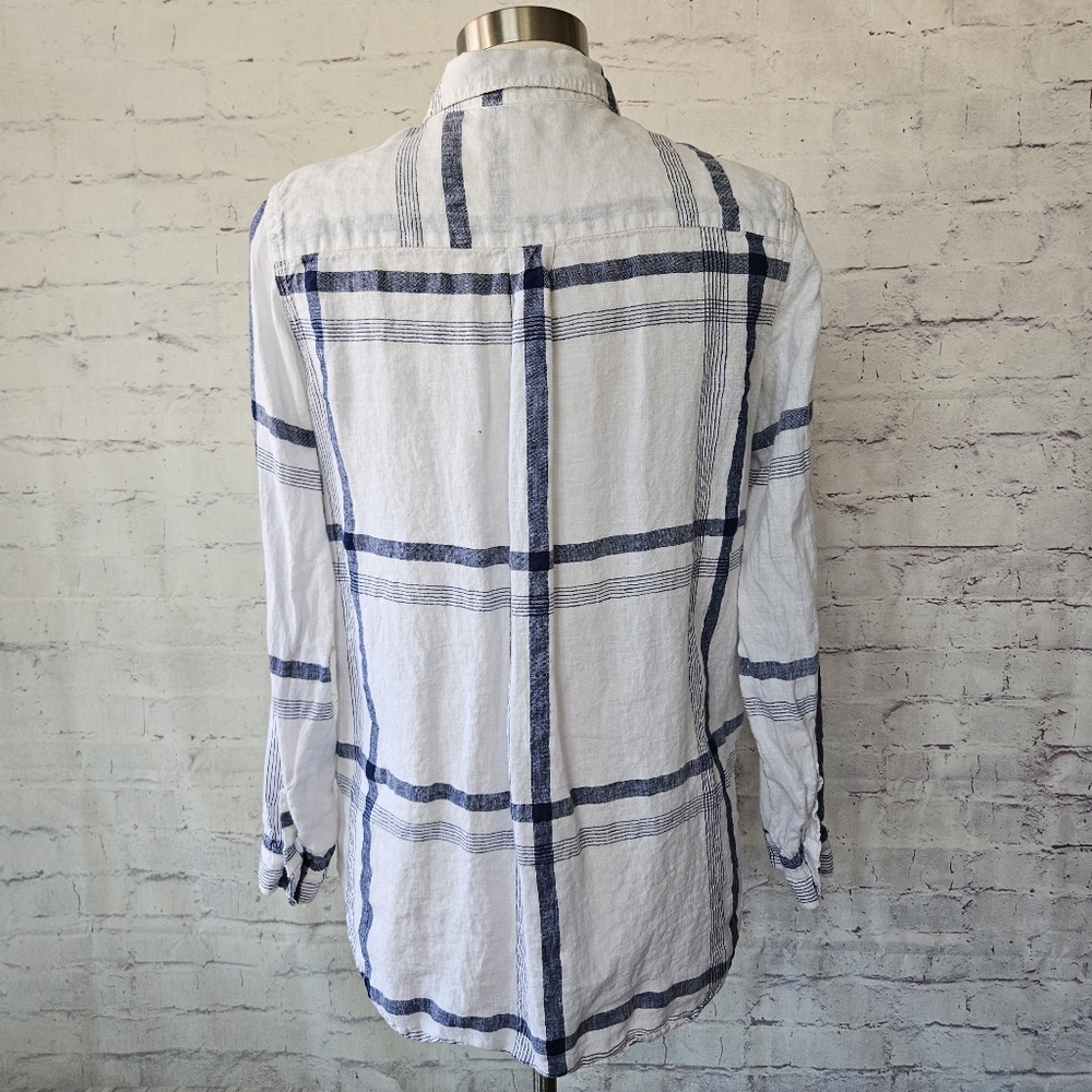 Gap Boyfriend Fit White Blue Plaid Linen Long Sleeve Button Up Shirt Medium - Picture 4 of 13